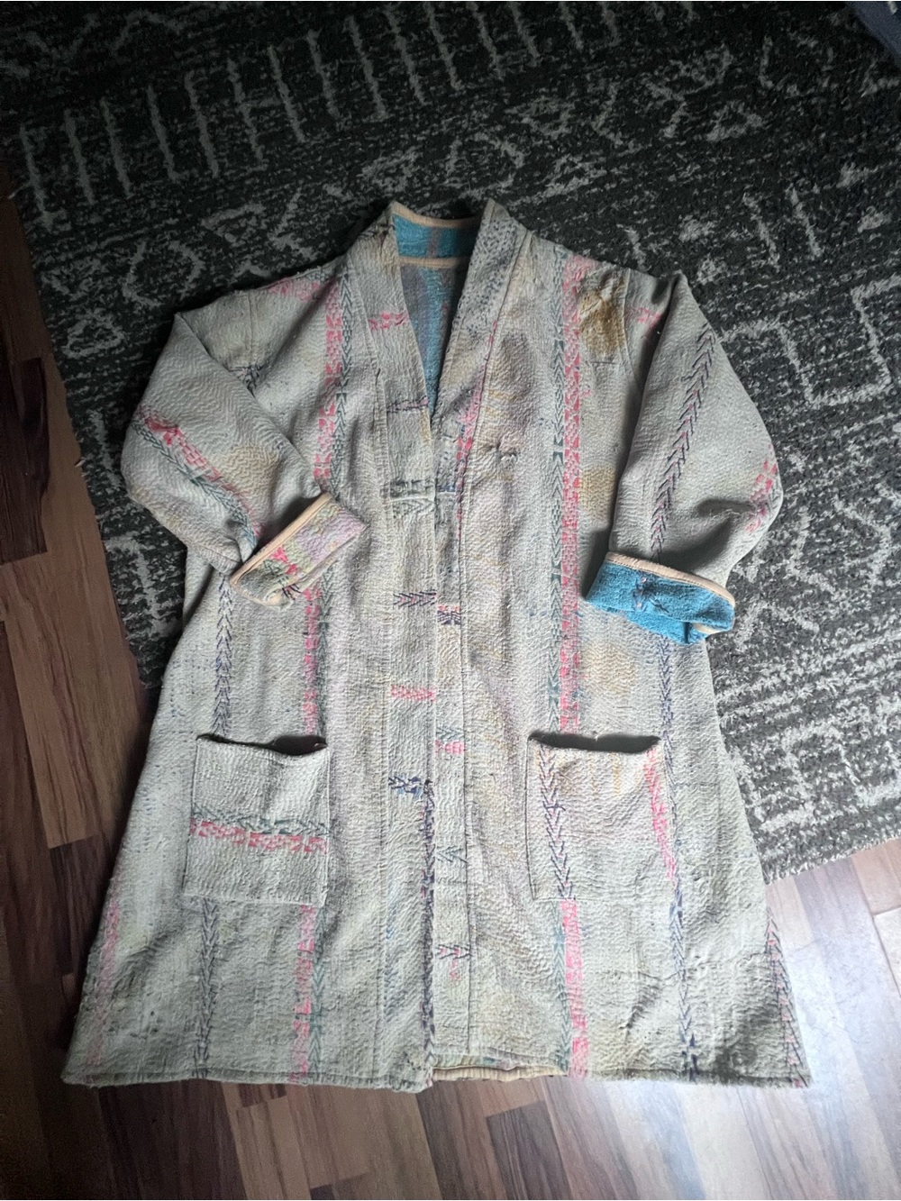 Handcrafted Beige Kantha Coat with Subtle Pastel Accents